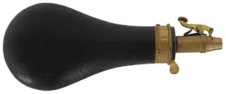 Parker Hale Powder Flask,
leather covered, brass head, 
used, by James Dixon & Sons, Sheffield